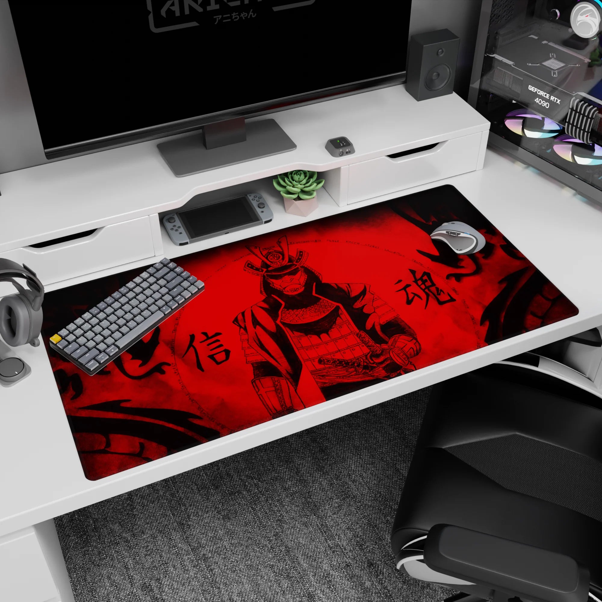 40x20 inches anime desk pad showing armored masked samurai centered, hand near sword amid red storm.