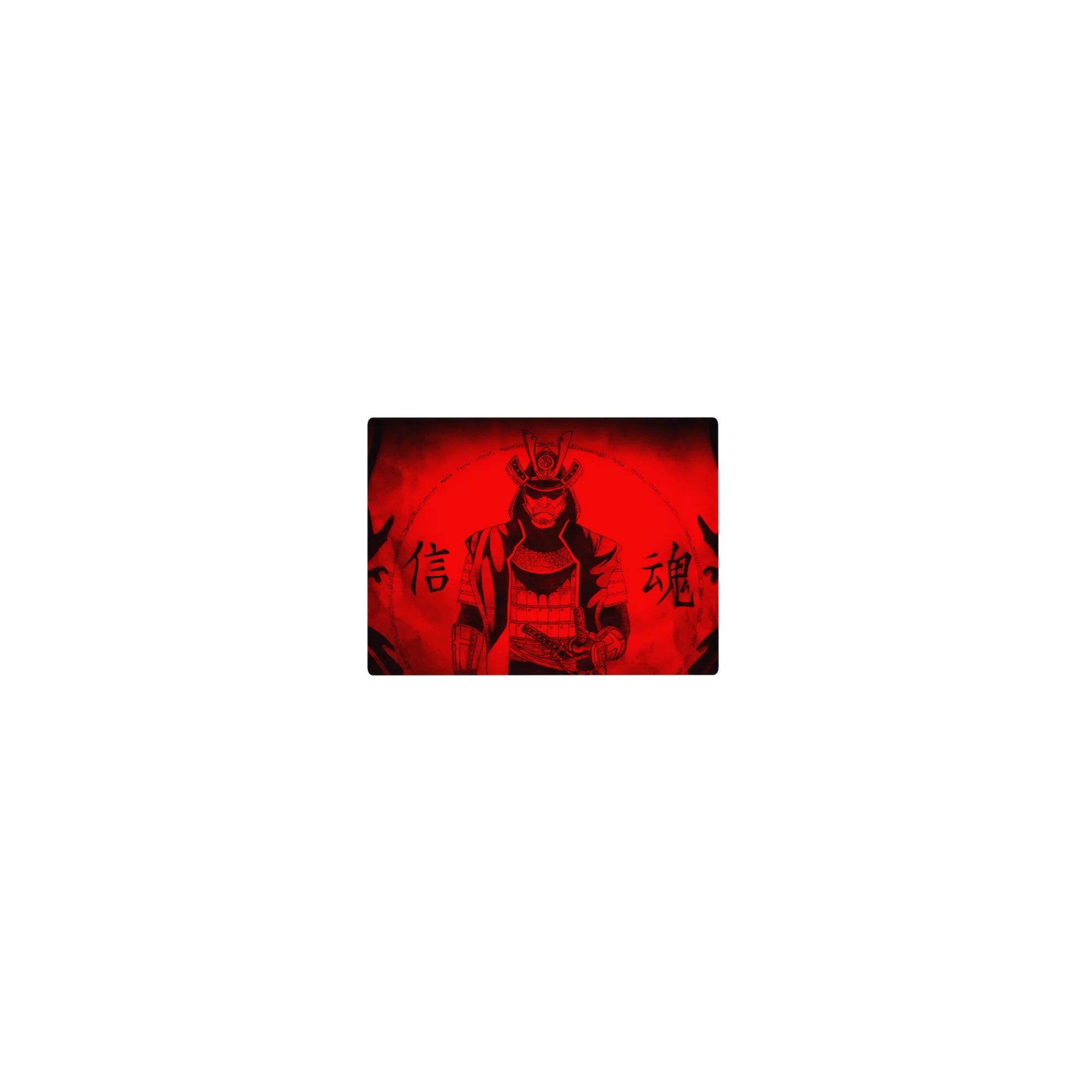 Classic anime mouse pad 14x10 inches with masked samurai armor, kanji text, and ink-flame edges.