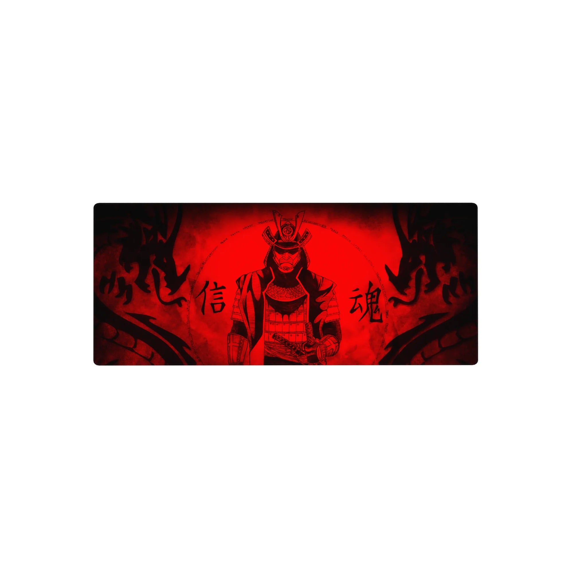 28x12 inches anime mouse pad with masked samurai in layered armor, red storm and bold kanji design.