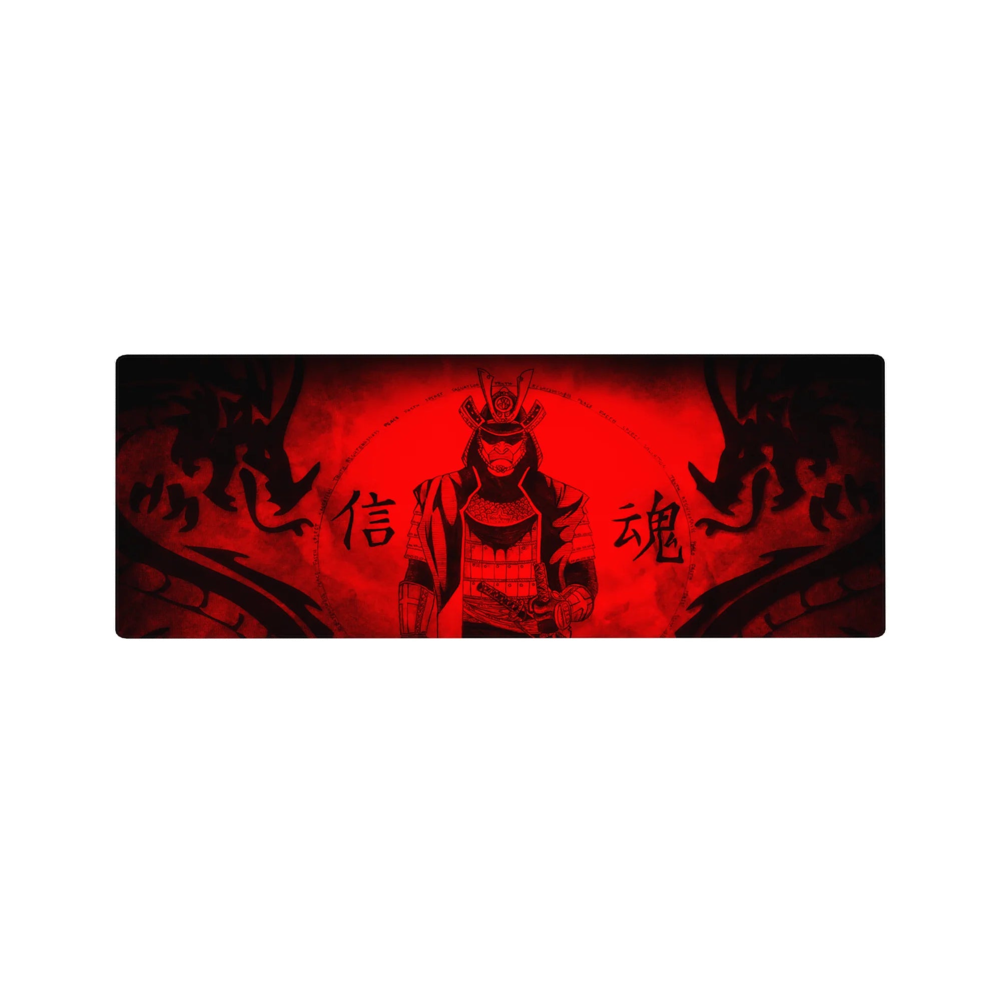 Crimson storm masked samurai anime mouse pad, kanji warning and ink flames, 32x12 inches.