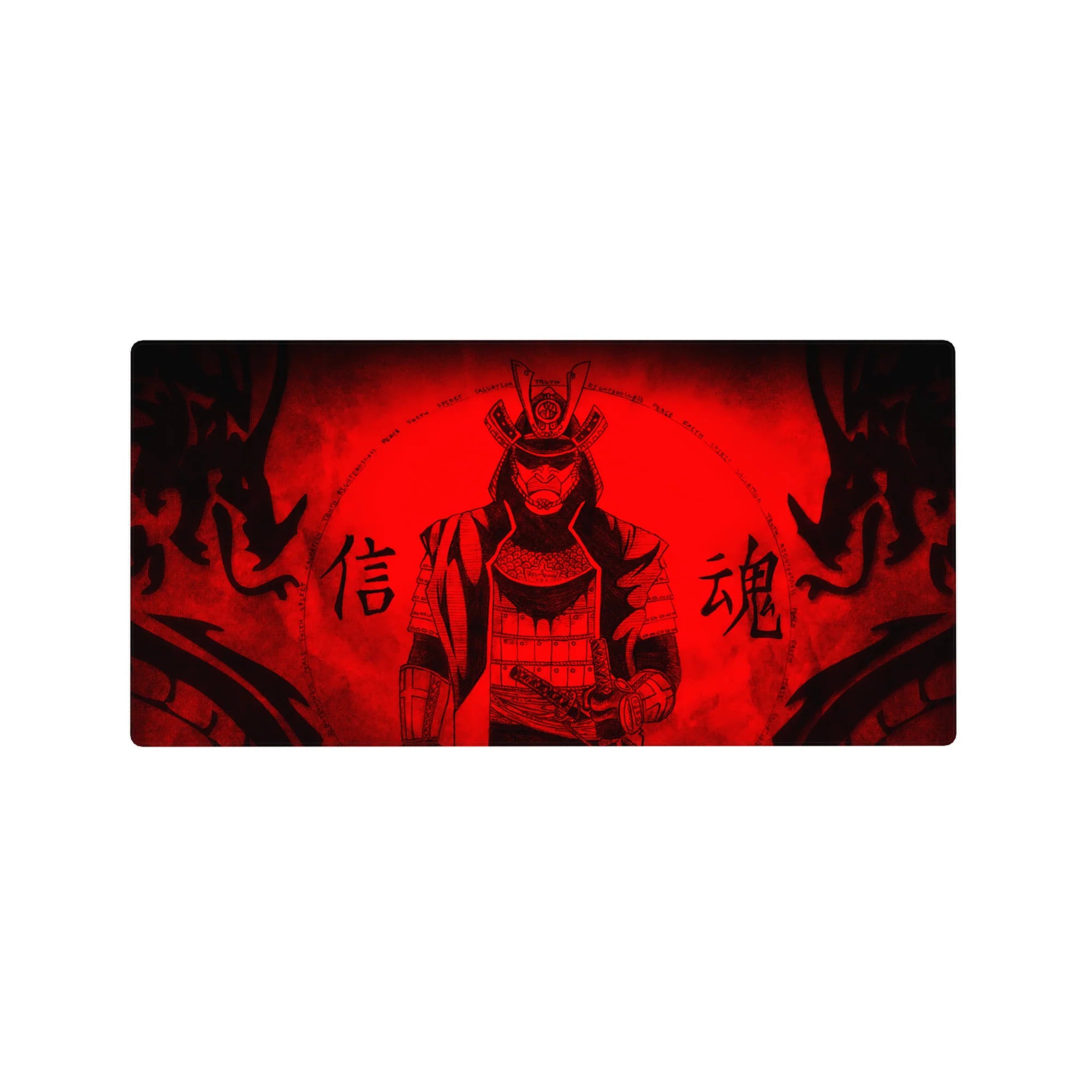 32x16 inches anime mouse pad with masked samurai in layered armor, red storm backdrop, bold kanji.