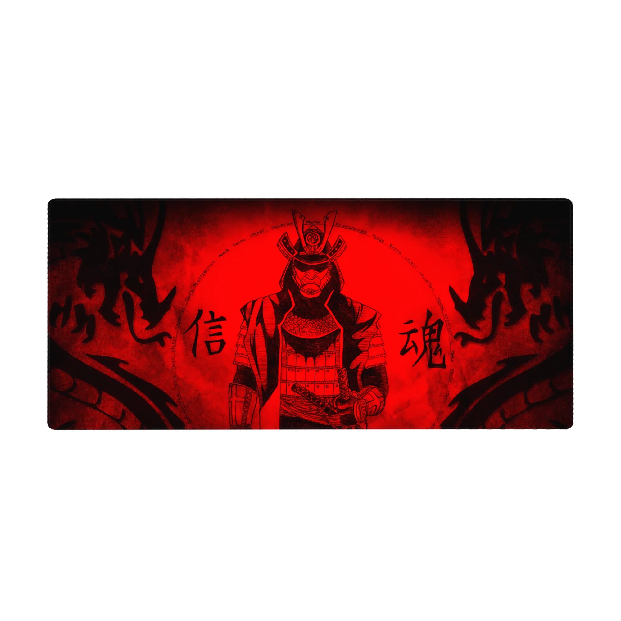 36x16 inches anime desk pad with masked samurai in layered armor, bold kanji, and ink flames.