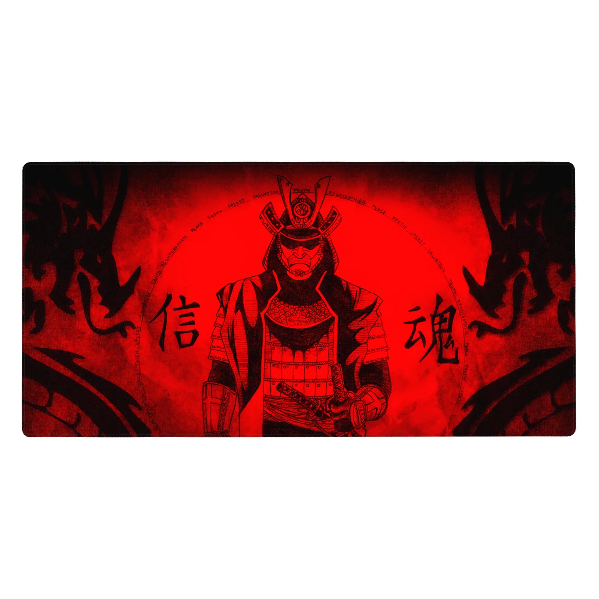 40x20 inches anime desk pad with masked samurai armor, red storm backdrop, bold kanji and ink flames.